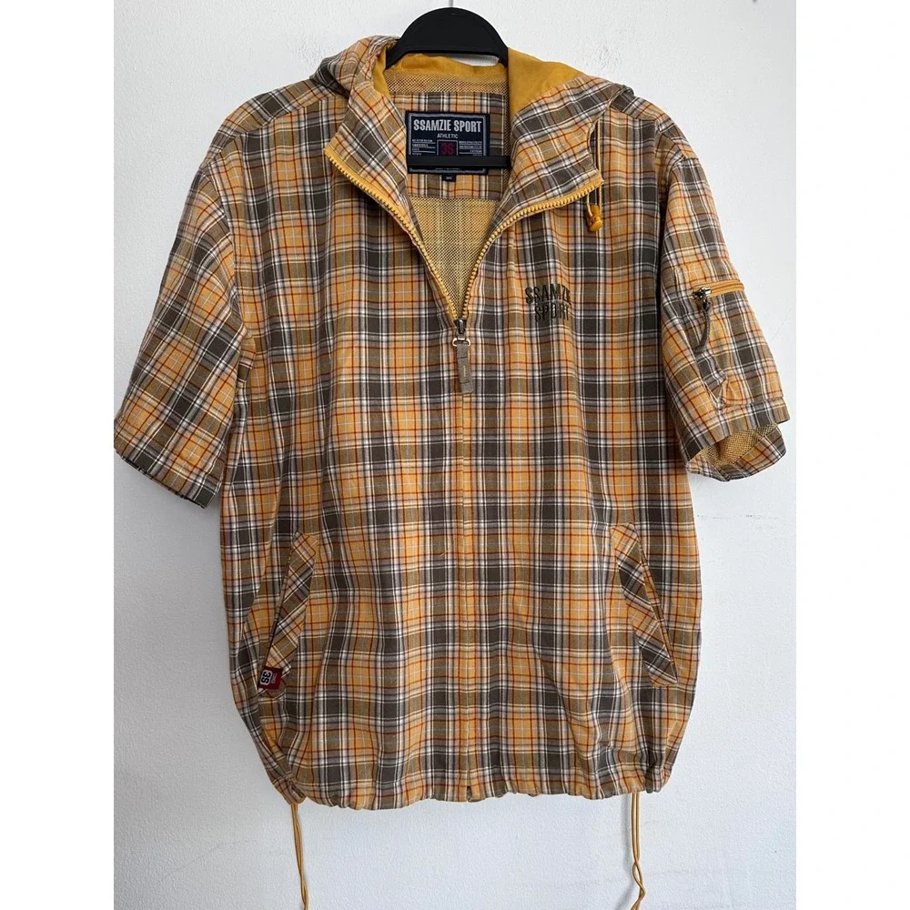 Ssamzie Sport Plaid Hooded Windbreaker M Retro Y2K Korean Streetwear 90s Grunge